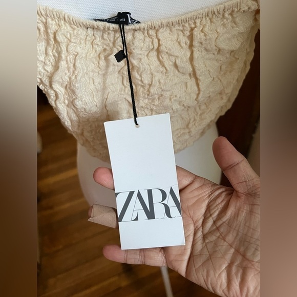 Zara Cotton Blend Gauzy Textured Square Neck Puff Sleeves Crop Top Cream L - Picture 14 of 17